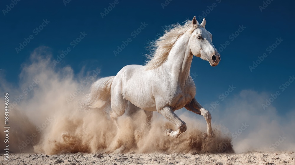Obraz premium White horse running dust