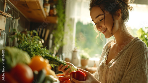 Woman smiling while holding vegetables including peppers and herbs in a bright kitchen area