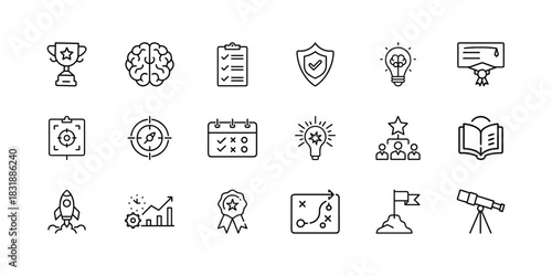 Modern outline icon set for business, education, and success: strategy, innovation, goals, planning, growth, achievement, learning, and vision. Vector, illustration