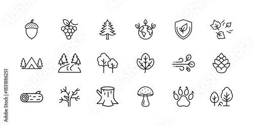 Nature and ecology vector line icon set, featuring forest elements, outdoor recreation, environmental protection, wildlife signs, and organic symbols. Vector, illustration