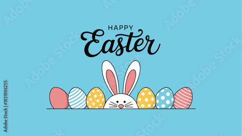 Happy easter greeting with a cute bunny and colorful decorated eggs on a blue background