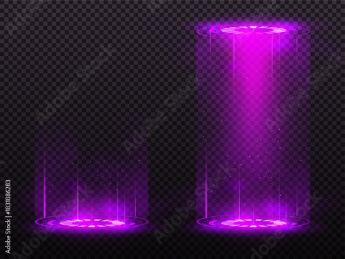 Futuristic round teleporters, bright neon purple, glow effect, energy flow lines, and sparks.