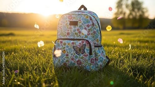 Floral Backpack in Grassy Field with Falling Petals