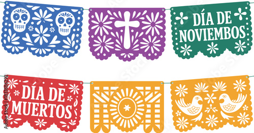 Papel Picado Guirnalda para Día de Muertos Inspirada en la Tradición Mexicana con Diseños Decorativos Recortados y Motivos Festivos en Estilo Cultural Popular