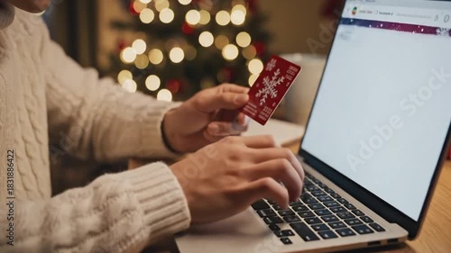 Happy man shopping online for Christmas gifts during winter sale with credit card and laptop at home.