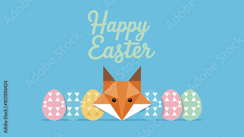 Geometric fox and patterned easter eggs on a pastel blue background
