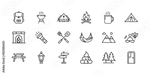 Outdoor adventure and camping activity line icon set, featuring essential gear like backpack, grill, cabin, campfire, tent, flashlight, hammock, mountains. Vector, illustration
