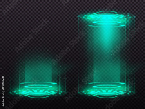 Blue futuristic circle tube portal, magic round tunnel teleport with glow rays and sparks, energy rings, vr projection