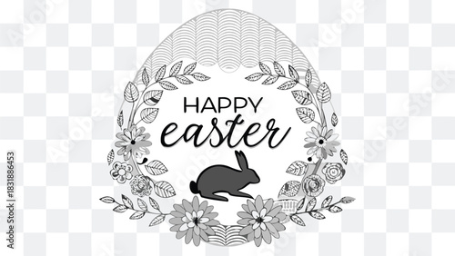 Elegant black and white easter egg design featuring a silhouette of a bunny surrounded by floral wreath and text happy easter