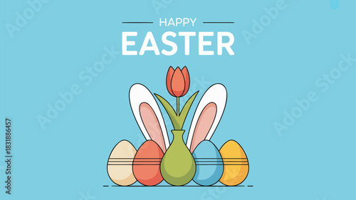 Happy easter greeting with colorful eggs bunny ears and a single tulip in a vase