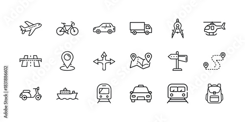 Travel and transportation line icons set featuring various modes of transport, navigation tools, and location symbols for modern mapping concepts. Vector, illustration