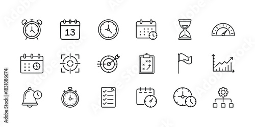 Time management, planning, scheduling, and goal-setting outline icons. productivity, deadline, strategy, and business target vector set for web and mobile. Vector, illustration