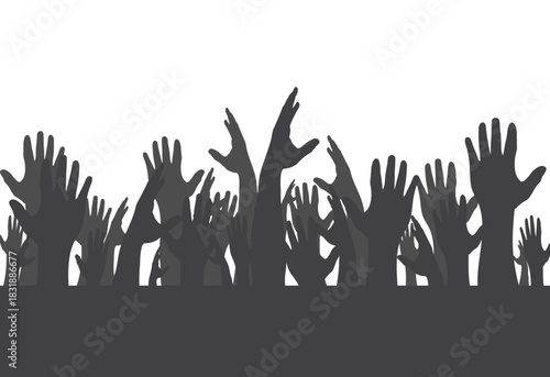A silhouette illustration of a crowd with their hands raised upward, signifying participation, support, or celebration