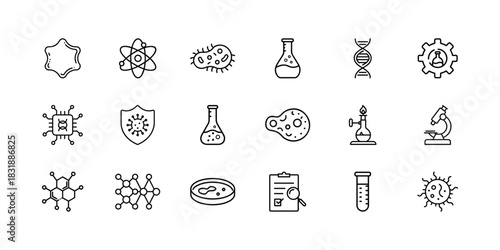 Essential vector line icons for science, chemistry, biology, and microbiology. features atom, dna, virus, flask, microscope, and research symbols. Vector, illustration