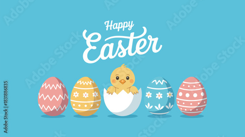 Happy easter greeting with a cute chick hatching from an egg and decorated eggs