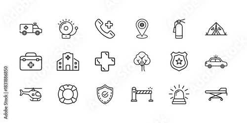 Essential emergency and safety services vector thin line icons. comprehensive collection for medical, rescue, police, fire, and public security needs. Vector, illustration