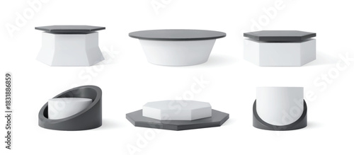 White and black cylinders podium stands 3D round pedestals vector set, platform for product presentation, stage showcase