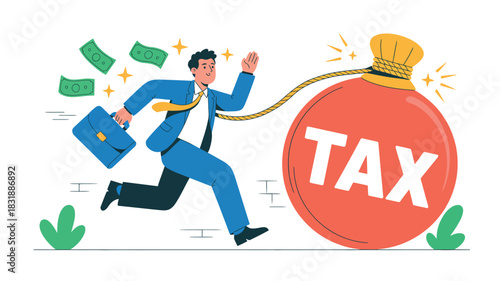 A determined businessman runs away from a giant, heavy ball labeled 'TAX' as money flies around him, symbolizing financial pressure and evasion.