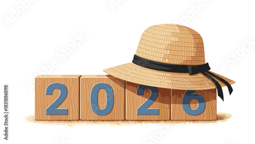 Celebrate a sunny 2026 beach vacation with a cheerful straw hat and wooden blocks, perfect for summer travel and happy memories