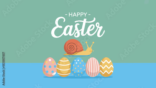 Whimsical easter greeting featuring a snail and decorated eggs on a pastel background