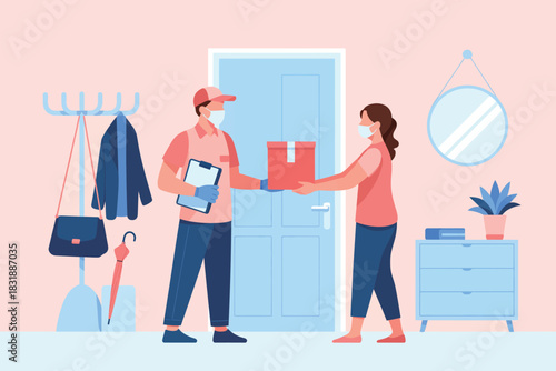 A delivery person wearing a mask and gloves hands a package to a woman wearing a mask at her doorstep, emphasizing safe contactless delivery practices.