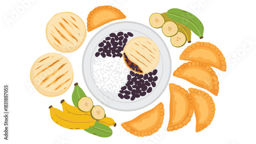 Delicious Venezuelan food platter featuring arepas, empanadas, rice, beans, and plantains perfect for cultural cuisine promotions