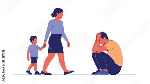 A mother and child walk away from a man who is hunched over in despair, illustrating themes of separation and emotional distress.