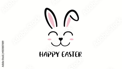 Cute cartoon bunny face with pink inner ears and blush cheeks smiling with closed eyes and the text happy easter below perfect for spring holiday greetings and decorations