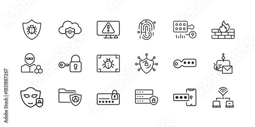 Cybersecurity and data protection line icons set illustrating digital security, network threats, internet privacy, firewall, password, hacker, and virus concepts. Vector, illustration