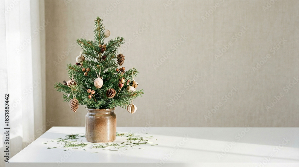 Fototapeta premium Minimalist Christmas tree arrangement on a white table, holiday decor