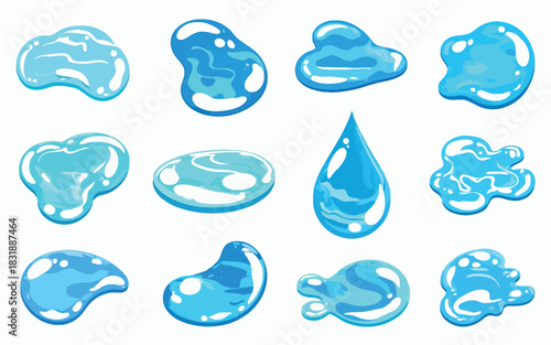 Rain Water Puddles Cartoon Vector Set Featuring Blue Liquid Splashes, Uneven Wavy Edges, Droplets, and Watery Blot Shapes for Wet Paint Spot and Puddle Illustration Designs