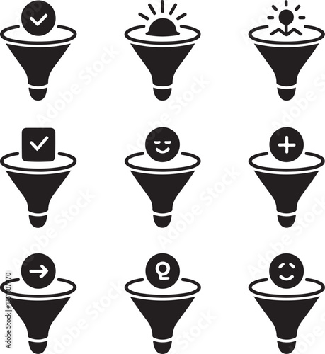 Funnel icons, lead generation, optimization strategy, conversion rate, target filter, process flow