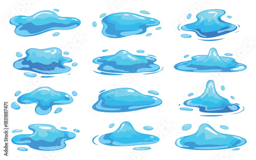 Rain Water Puddles Cartoon Vector Set Featuring Blue Liquid Splashes, Uneven Wavy Edges, Droplets, and Watery Blot Shapes for Wet Paint Spot and Puddle Illustration Designs