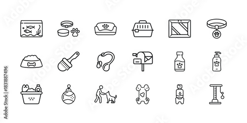 Pet care accessories and supplies line icons set, including food, grooming, travel, toys, and health products for dogs, cats, and aquatic pets. Vector, illustration