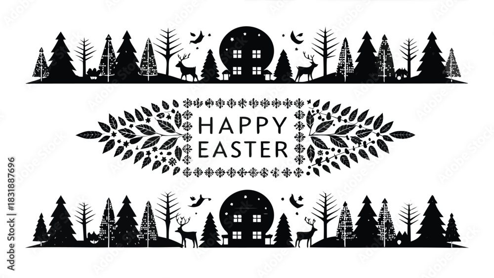 Obraz premium Whimsical black silhouette of a forest landscape with a full moon house and deer framing a decorative floral border with the text happy easter