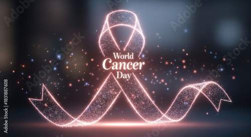 World cancer day concept with a luminous ribbon made of particles, surrounded by bokeh lights and glitter