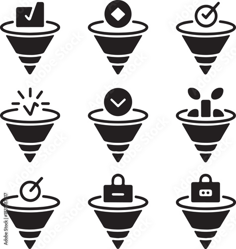 Funnel icons, sales conversion, lead generation, marketing strategy, filter process, business pipeline, optimization flow