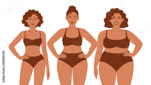 Three diverse women standing confidently in swimwear, celebrating different body types and shapes.