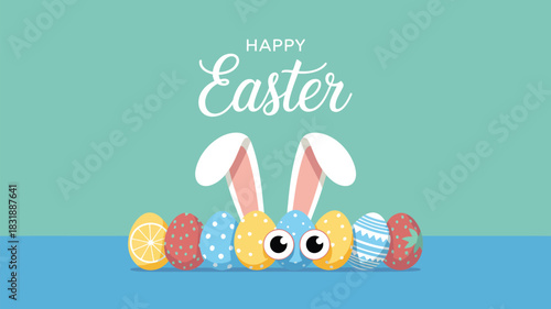 Happy easter greeting with colorful decorated eggs and adorable bunny ears peeking out