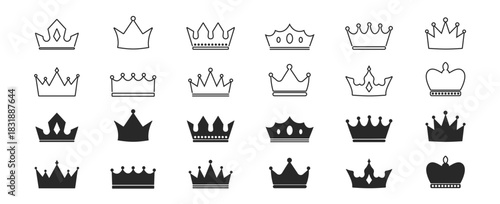 Crown Icon Set – royalty symbols, king, queen, prince, princess, monarch, coronet, heraldic insignia, luxury outline silhouettes – vector on transparent background