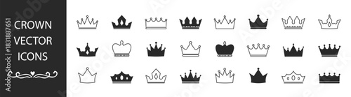 Crown Vector Icon Set – Royal Silhouettes of King, Queen, Prince, Princess, Heraldic and Luxury Symbols, Monarchy Emblems, Jewellery, Award, Classic and Regal Design on Transparent Background