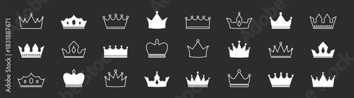 Crown vector icon set with king, queen, prince, princess, and royal symbols, featuring vintage design, heraldry elements, tiara, coronet, diadem, and luxury emperor illustration