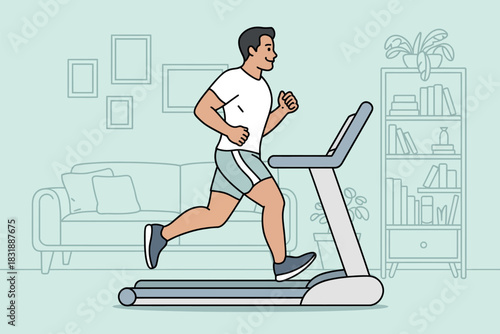 A man is running on a treadmill in a living room, maintaining an active lifestyle indoors.