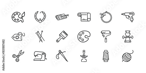Collection of diverse line icons representing various arts and crafts hobbies and diy activities, perfect for creative projects and handmade goods themes. Vector, illustration