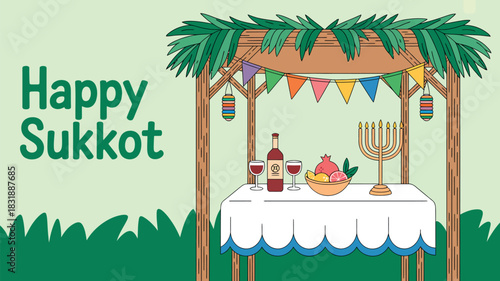 Happy Sukkot greeting with a decorated sukkah, wine, fruit, and a menorah, celebrating the Jewish harvest festival.