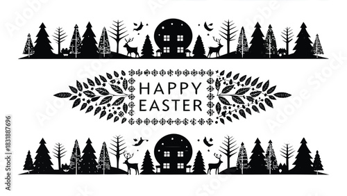 Whimsical black silhouette of a forest landscape with a full moon house and deer framing a decorative floral border with the text happy easter