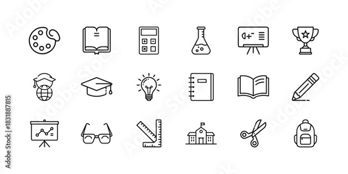 Modern outline education icons set featuring school supplies, learning tools, academic symbols, and graduation elements for university and college projects. Vector, illustration