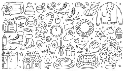 Сollection of Christmas and New Year icons, doodle outline illustrations. Tree, mittens, gift, gingerbreads, skates, wreath, festive Christmas elements. Coloring page.