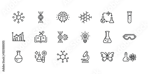 Science, research, education, innovation outline icons: chemistry, biology, genetics, data analysis, lab equipment, microscope, molecules, safety goggles. Vector, illustration