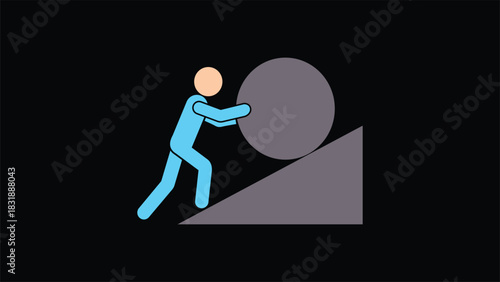 Hard Work and Struggle Icon Showing Person Pushing Heavy Load Uphill